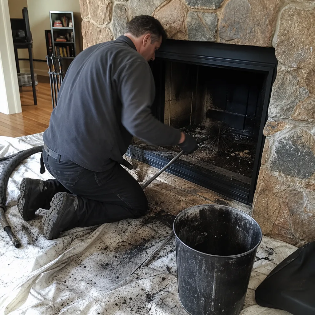 Professional chimney sweep cleaning soot from a stone fireplace interior