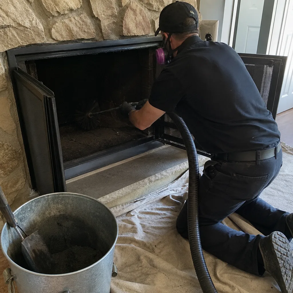 Professional chimney sweep cleaning a fireplace with vacuum equipment
