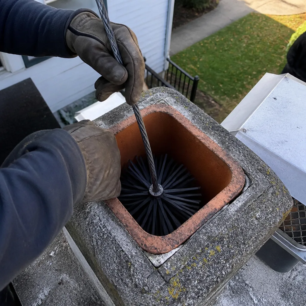 Professional chimney sweep cleaning a brick chimney flue with a wire brush