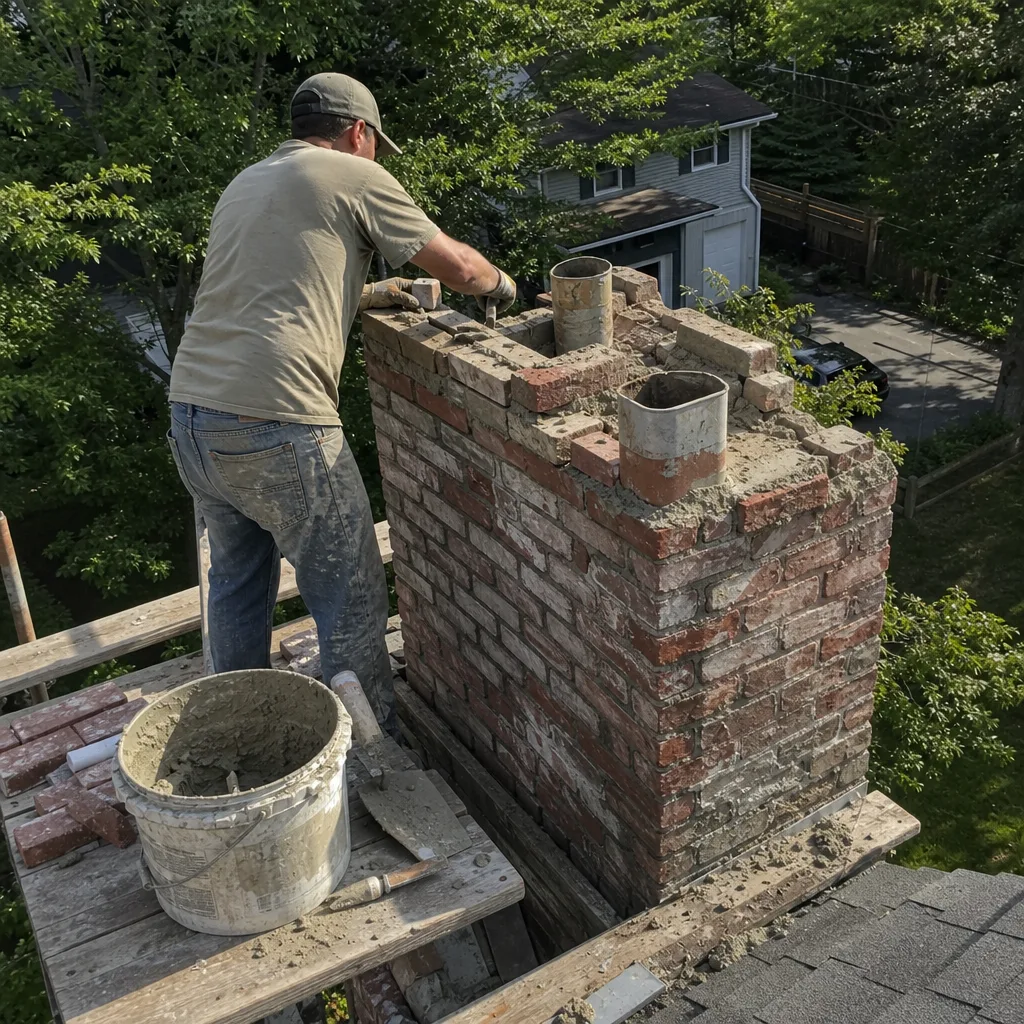Professional mason performing brick chimney repair and masonry restoration work.