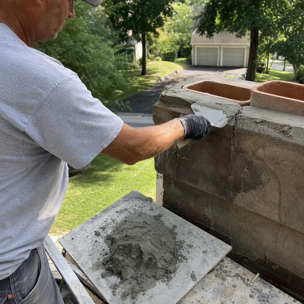 Professional contractor repairing a chimney crown with mortar and a trowel