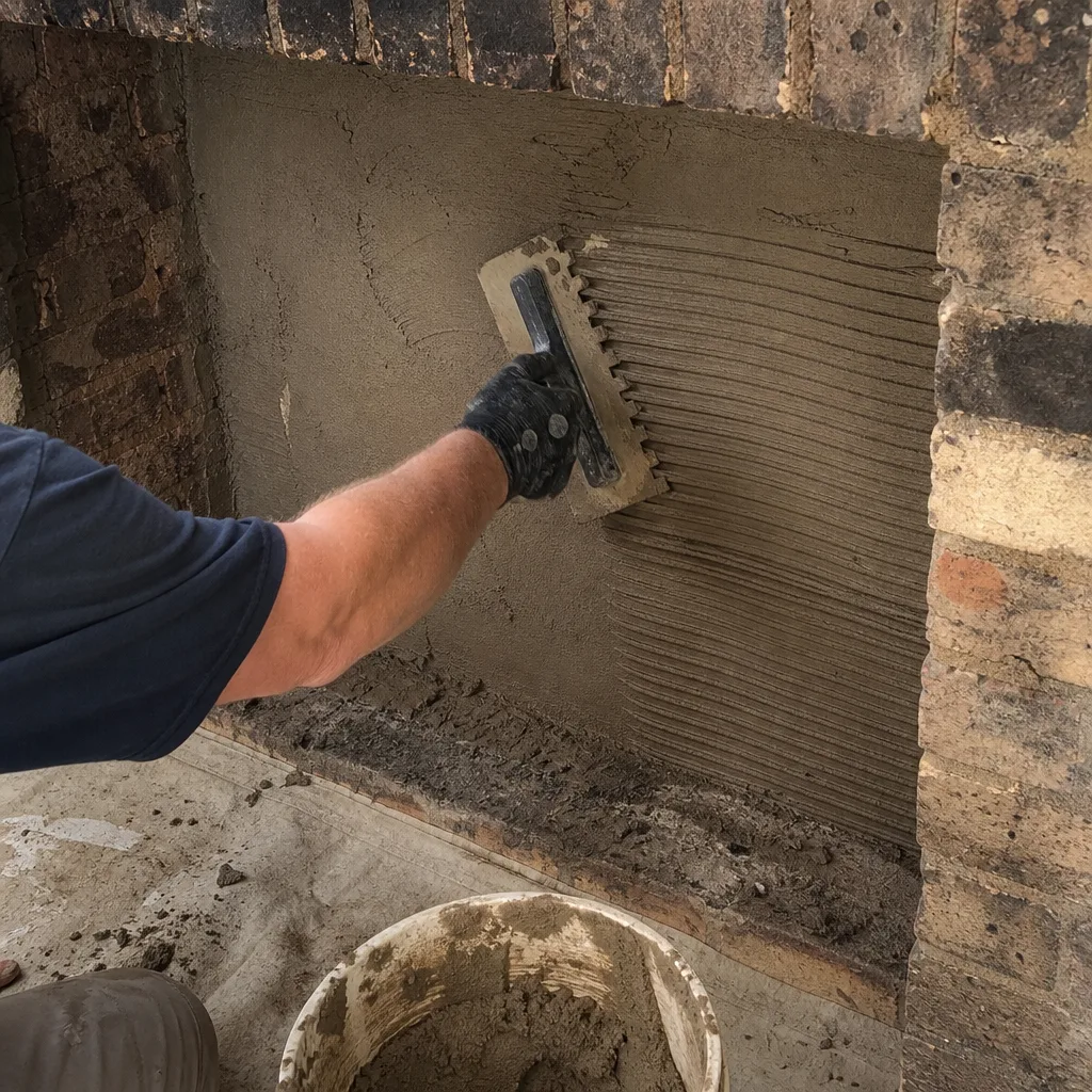 Professional applying mortar to fireplace interior with a notched trowel