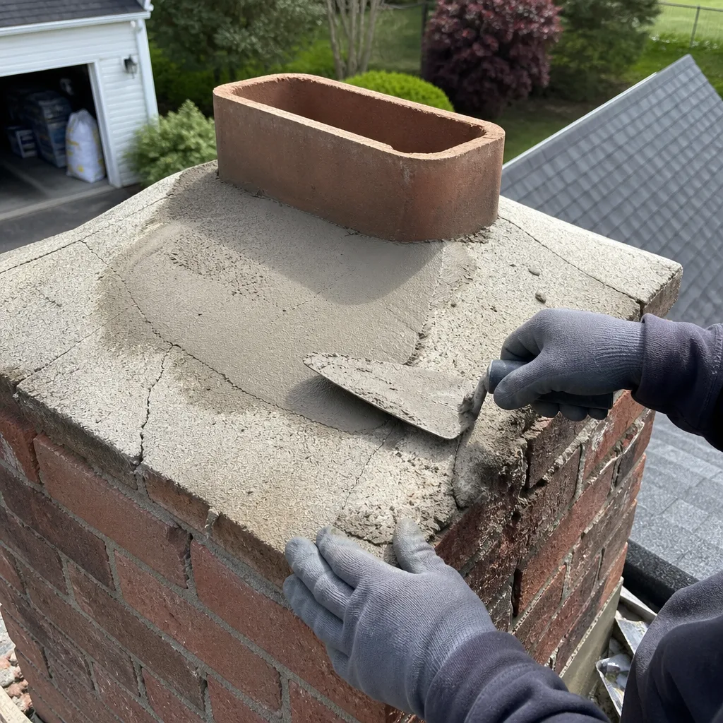 Professional technician performing chimney crown repair and masonry maintenance. in Ellicott City, MD