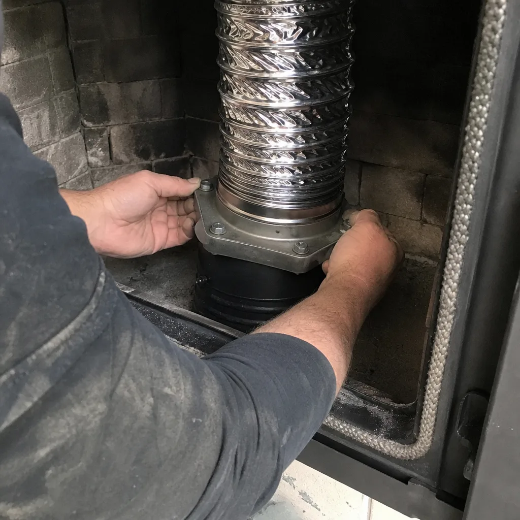 Technician installing a new stainless steel chimney liner in a fireplace. in Ellicott City, MD